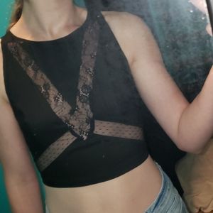 Black Chiffon lace crop top
